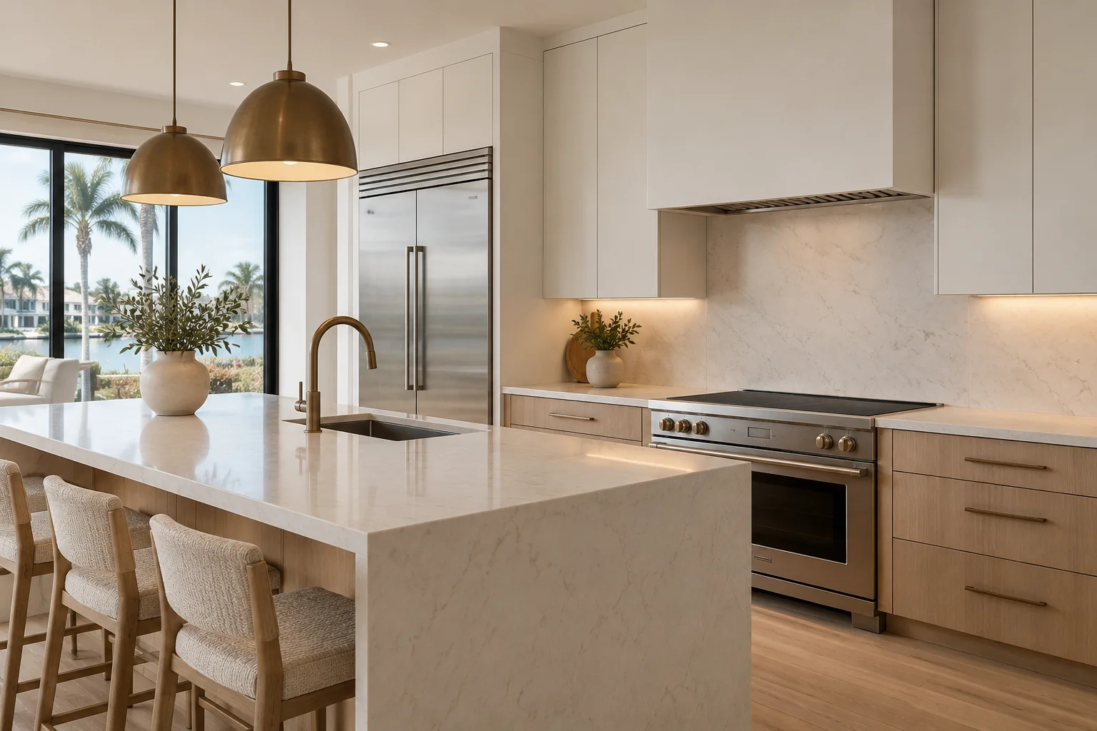 Inspiration: coordinated range and refrigerator in a warm modern kitchen