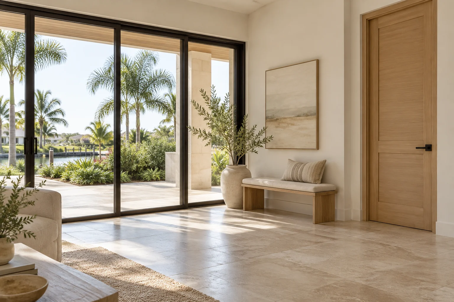 Inspiration: sliding glass doors and an oak door in a coastal interior
