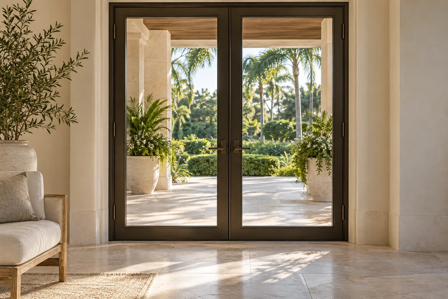 Inspiration: bronze French glass doors connecting a coastal home to a terrace