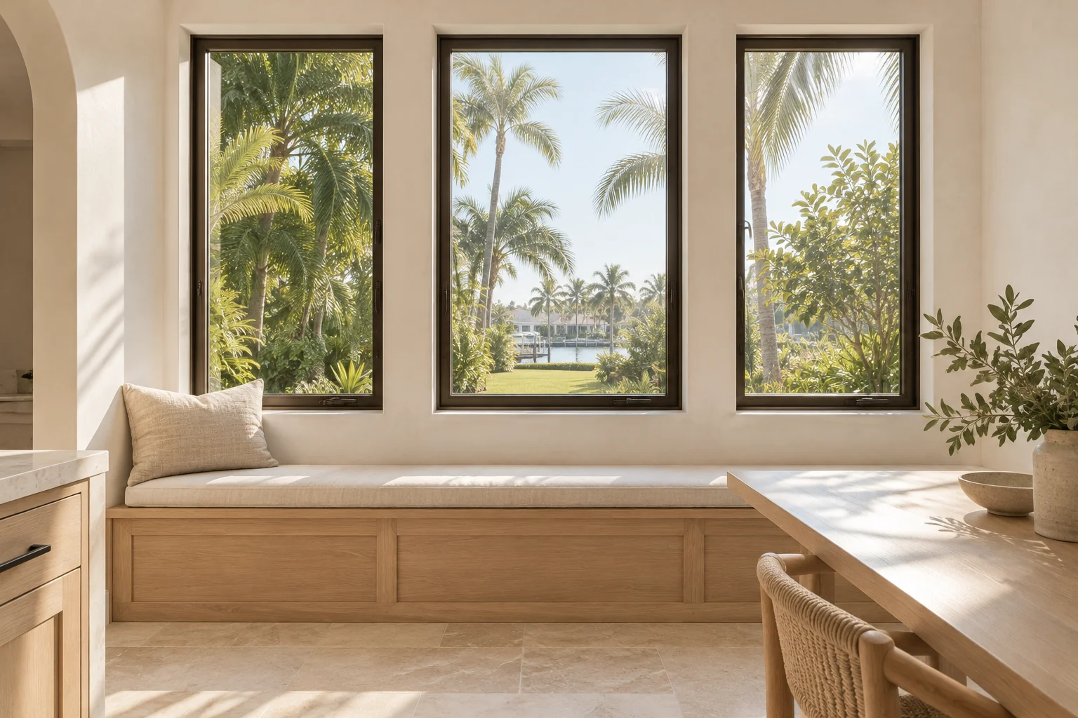 Inspiration: dark-framed windows in a sunlit breakfast nook